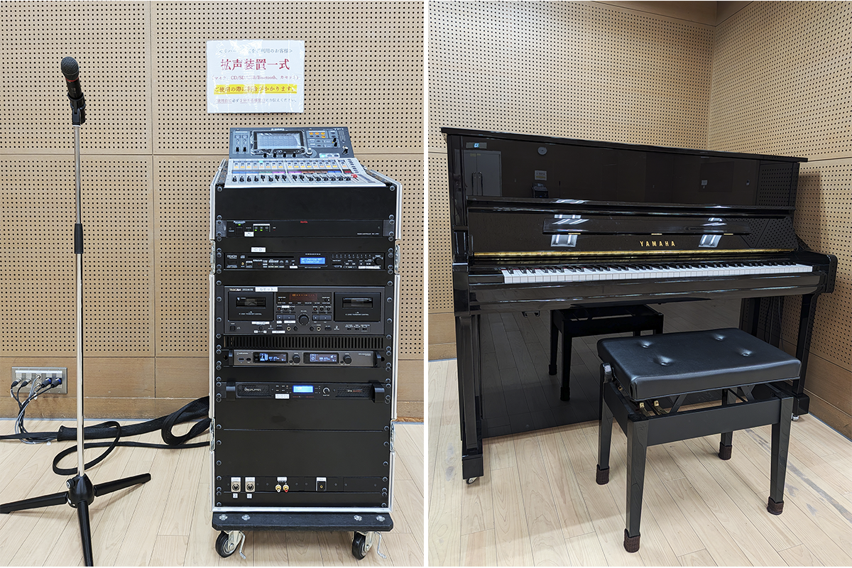 リハーサル室 拡声装置一式・アップライトピアノ写真